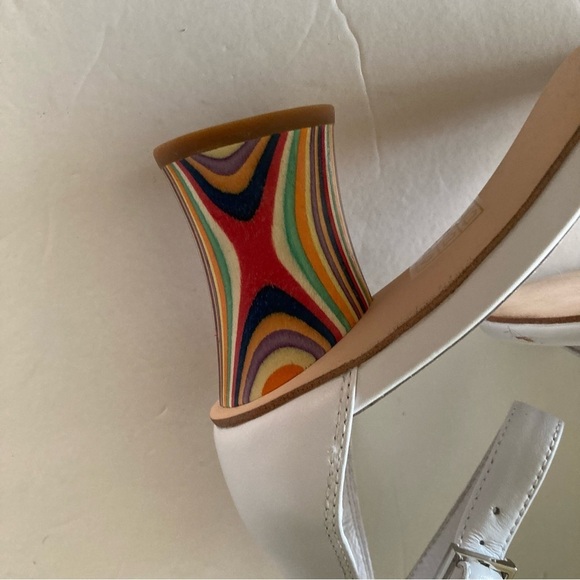 Jeffery Campbell Free People One Strap White Wooden Patterned Heels Sz 6.5 - Picture 3 of 7